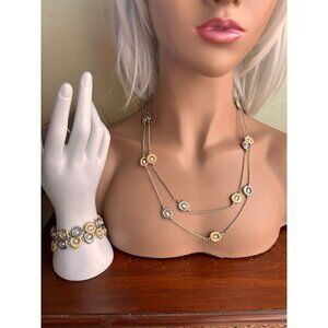 Brighton Satori Brushed Gold Silver Pearl Bracelet and Long Necklace Set VTG.
